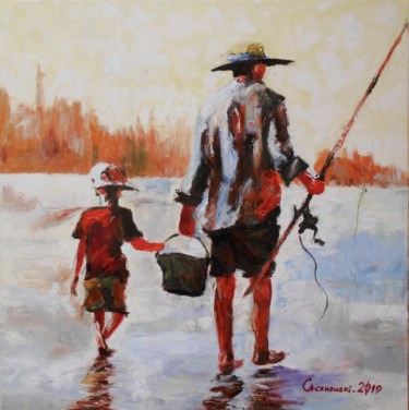 Malerei mit dem Titel "Fishing" von Leszek Gaczkowski, Original-Kunstwerk, Öl