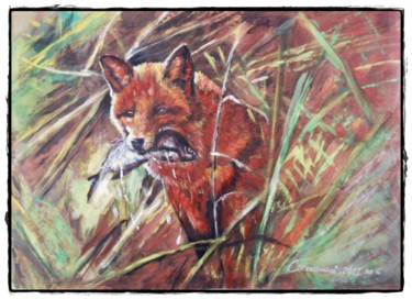 Painting titled "Fox with a fish" by Leszek Gaczkowski, Original Artwork, Gouache