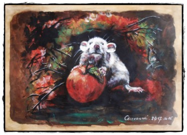Painting titled "Rat with an apple" by Leszek Gaczkowski, Original Artwork, Gouache