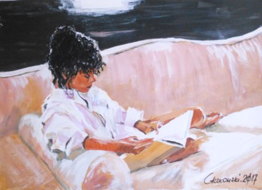 Painting titled "Reading" by Leszek Gaczkowski, Original Artwork, Gouache