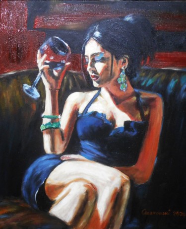 Painting titled "A glass of wine II" by Leszek Gaczkowski, Original Artwork, Oil