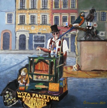 Pittura intitolato "Warsaw organ grinder" da Leszek Gaczkowski, Opera d'arte originale, Olio