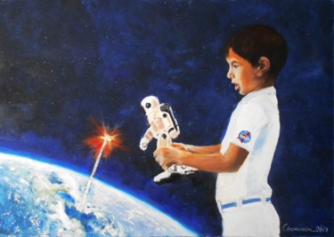 Painting titled "Become an astronaut" by Leszek Gaczkowski, Original Artwork, Oil