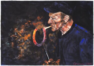 Peinture intitulée "Blacksmith - cigare…" par Leszek Gaczkowski, Œuvre d'art originale, Pastel