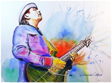 Malerei mit dem Titel "Carlos Santana" von Leszek Gaczkowski, Original-Kunstwerk, Aquarell