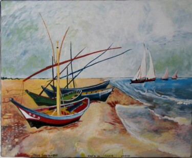 Peinture intitulée "bateaux sur la plage" par Letailleur-H, Œuvre d'art originale, Huile