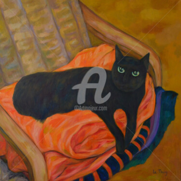 Peinture intitulée "chat sur la chaise" par Le Thuy Delmont, Œuvre d'art originale, Huile
