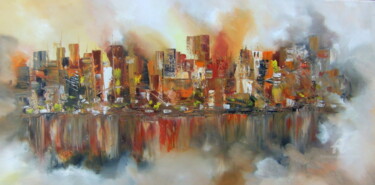 Painting titled "MEGAPOLIS II" by Léti, Original Artwork, Oil Mounted on Wood Stretcher frame