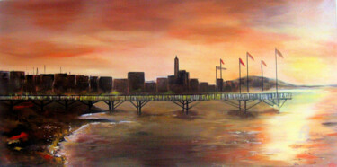 Painting titled "CREPUSCULE AU HAVRE" by Léti, Original Artwork, Acrylic Mounted on Wood Stretcher frame