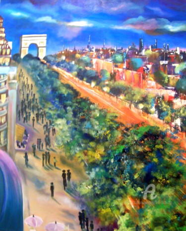 Painting titled "Ô CHAMPS ... ELYSEES" by Léti, Original Artwork, Oil Mounted on Wood Stretcher frame