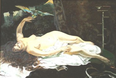 Painting titled ""Femme au Perroquet"" by Le Tobi, Original Artwork