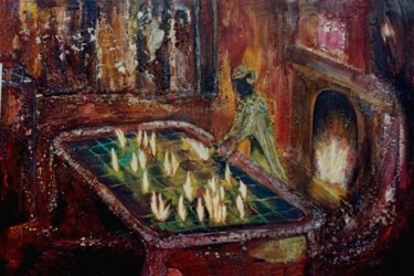 Painting titled "rearranging the fire" by Martine L'Etoile, Original Artwork, Oil