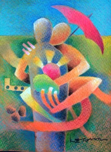 Sombrilla roja(serie Amantes) Pintura titulada "Sombrilla roja(seri…" por Luis L. Letona G., Obra de arte original, Acuarela