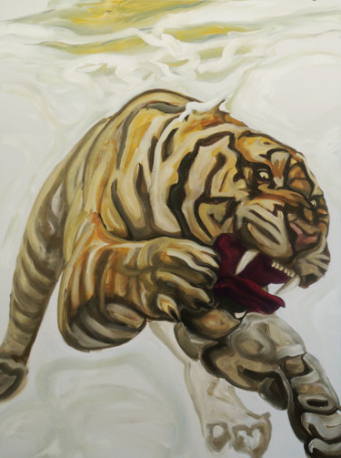 Painting titled "DIVING TIGER" by Nathalie Letulle, Original Artwork, Acrylic