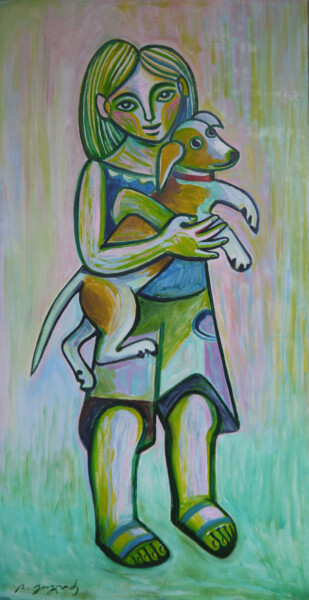 Schilderij getiteld "A girl with a dog" door Levan Goglidze, Origineel Kunstwerk, Olie