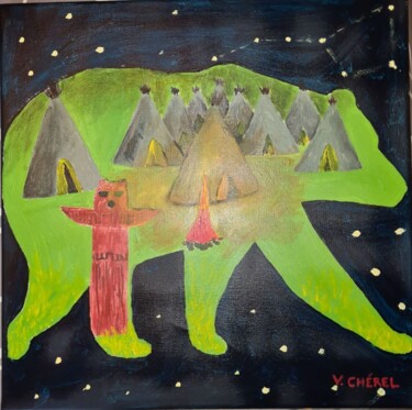 Pintura intitulada "Le village de l'ours" por Leveille Véronique, Obras de arte originais, Acrílico Montado em Armação em ma…