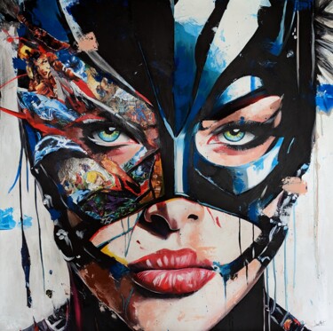 Painting titled "BatGirl" by Noel Caizergues, Original Artwork, Acrylic Mounted on Wood Stretcher frame