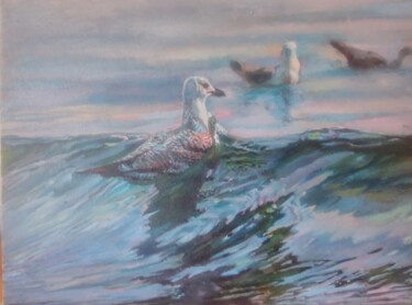 Schilderij getiteld "Floating seagull" door George Mirinchev, Origineel Kunstwerk, Olie
