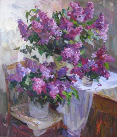 Painting titled "натюрморт с сиренью" by Alexey Dmitriev, Original Artwork, Oil