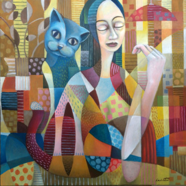 Schilderij getiteld "Woman with kat" door Lex Veen, Origineel Kunstwerk