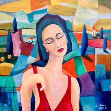 Peinture intitulée "Woman in landscape" par Lex Veen, Œuvre d'art originale