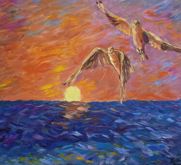 Painting titled "Seascape with seagu…" by Leyla Supran, Original Artwork, Oil