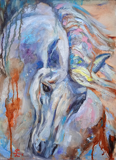 Painting titled "Horse The White Vik…" by Leyla Supran, Original Artwork, Oil