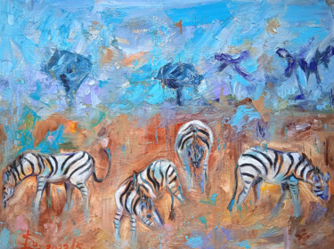 Schilderij getiteld "zebras in the savan…" door Leyla Supran, Origineel Kunstwerk, Olie