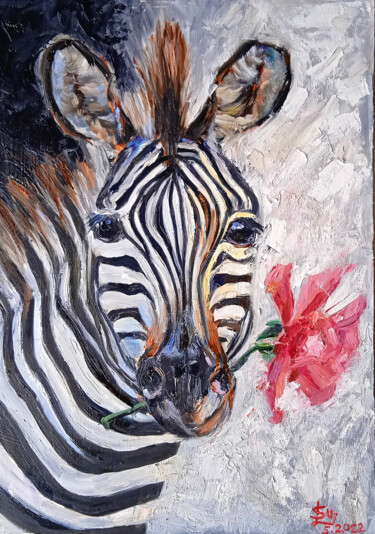 Painting titled "Zebra with a rose" by Leyla Supran, Original Artwork, Oil