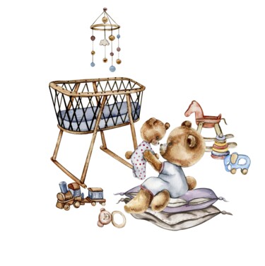 Disegno intitolato "baby toys and teddy…" da Leyla Aliyeva, Opera d'arte originale, Acquarello