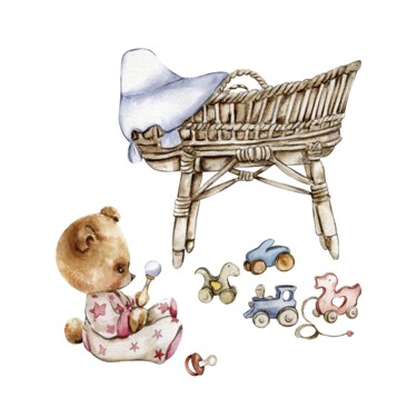 Drawing titled "Toys and baby teddy…" by Leyla Aliyeva, Original Artwork, Watercolor