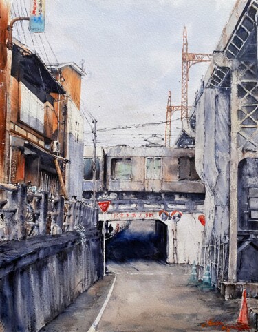 Schilderij getiteld "Morning train in Ky…" door Leyla Kamliya, Origineel Kunstwerk, Aquarel