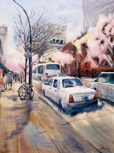 Malerei mit dem Titel "Spring traffic" von Leyla Kamliya, Original-Kunstwerk, Aquarell