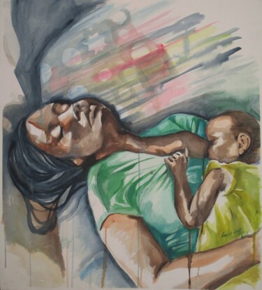Pintura intitulada "La tetee" por Leyla Lima, Obras de arte originais, Aquarela
