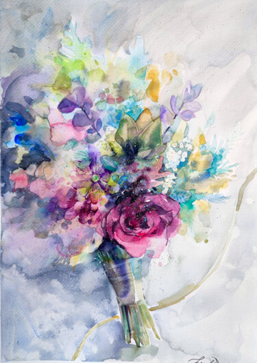 Peinture intitulée ""Flying bouquet"" par Leyla Zhunus, Œuvre d'art originale, Aquarelle