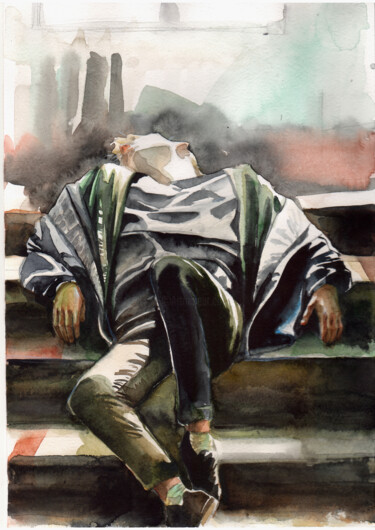 Painting titled ""On the stairs by y…" by Leyla Zhunus, Original Artwork, Watercolor