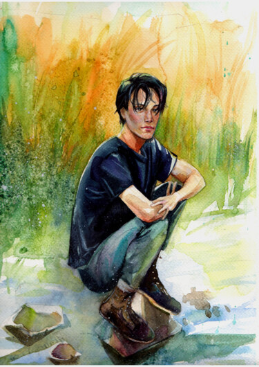 Malerei mit dem Titel ""Keanu Reeves"" von Leyla Zhunus, Original-Kunstwerk, Aquarell