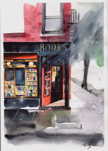 Pittura intitolato ""New York bookshop"" da Leyla Zhunus, Opera d'arte originale, Acquarello