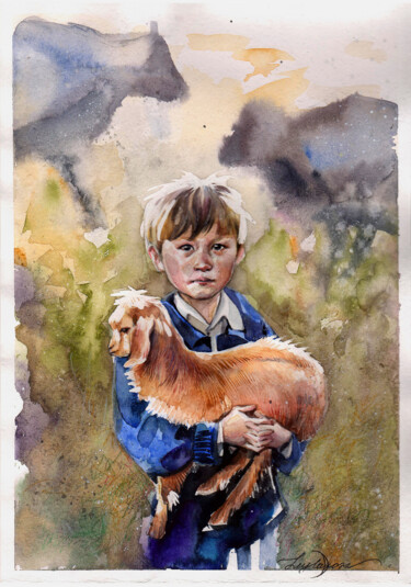 Painting titled ""The little shepher…" by Leyla Zhunus, Original Artwork, Watercolor
