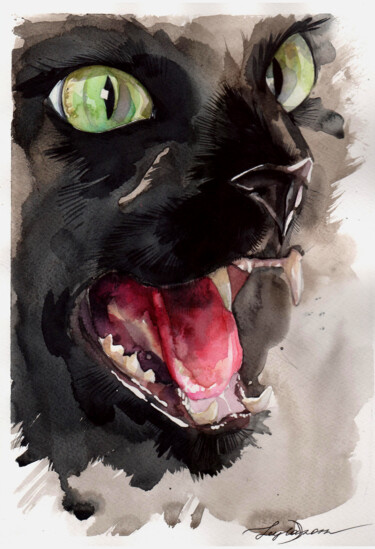 Painting titled ""Angry cat"" by Leyla Zhunus, Original Artwork, Watercolor
