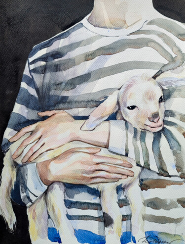 Malerei mit dem Titel ""Lamb"" von Leyla Zhunus, Original-Kunstwerk, Aquarell