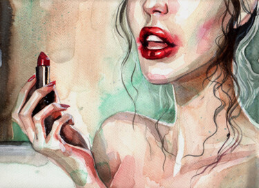 Painting titled ""Lipstick & Bath"" by Leyla Zhunus, Original Artwork, Watercolor