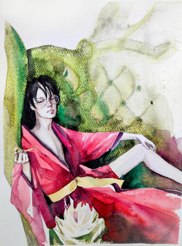 Painting titled "Kimono" by Leyla Zhunus, Original Artwork, Watercolor