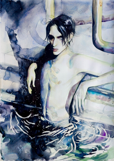Картина под названием "Pool. 3 a.m." - Leyla Zhunus, Подлинное произведение искусства, Акварель