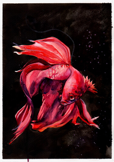 Peinture intitulée "Underwater dragon" par Leyla Zhunus, Œuvre d'art originale, Aquarelle