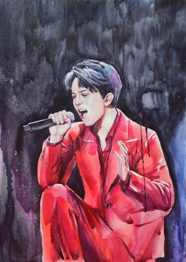 Malerei mit dem Titel "Dimash Kudaibergen" von Leyla Zhunus, Original-Kunstwerk, Aquarell