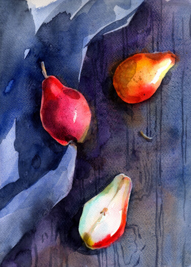 Painting titled "Ripe pears on blue" by Leyla Zhunus, Original Artwork, Watercolor