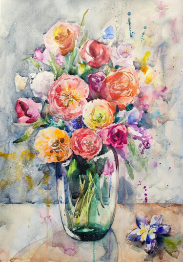 Painting titled ""A flash of color i…" by Leyla Zhunus, Original Artwork, Watercolor