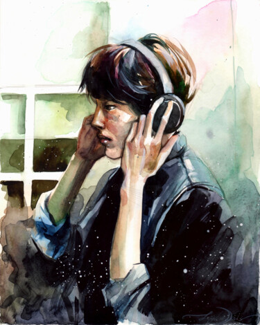 Painting titled ""Listening you"" by Leyla Zhunus, Original Artwork, Watercolor