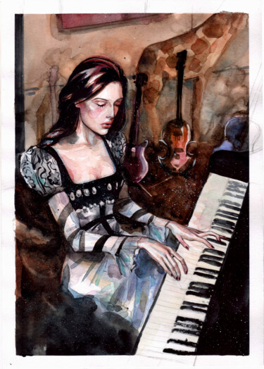 Painting titled "Piano practice" by Leyla Zhunus, Original Artwork, Watercolor